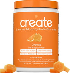Create Creatine Monohydrate Gummies orange bottle on display for daily performance support.