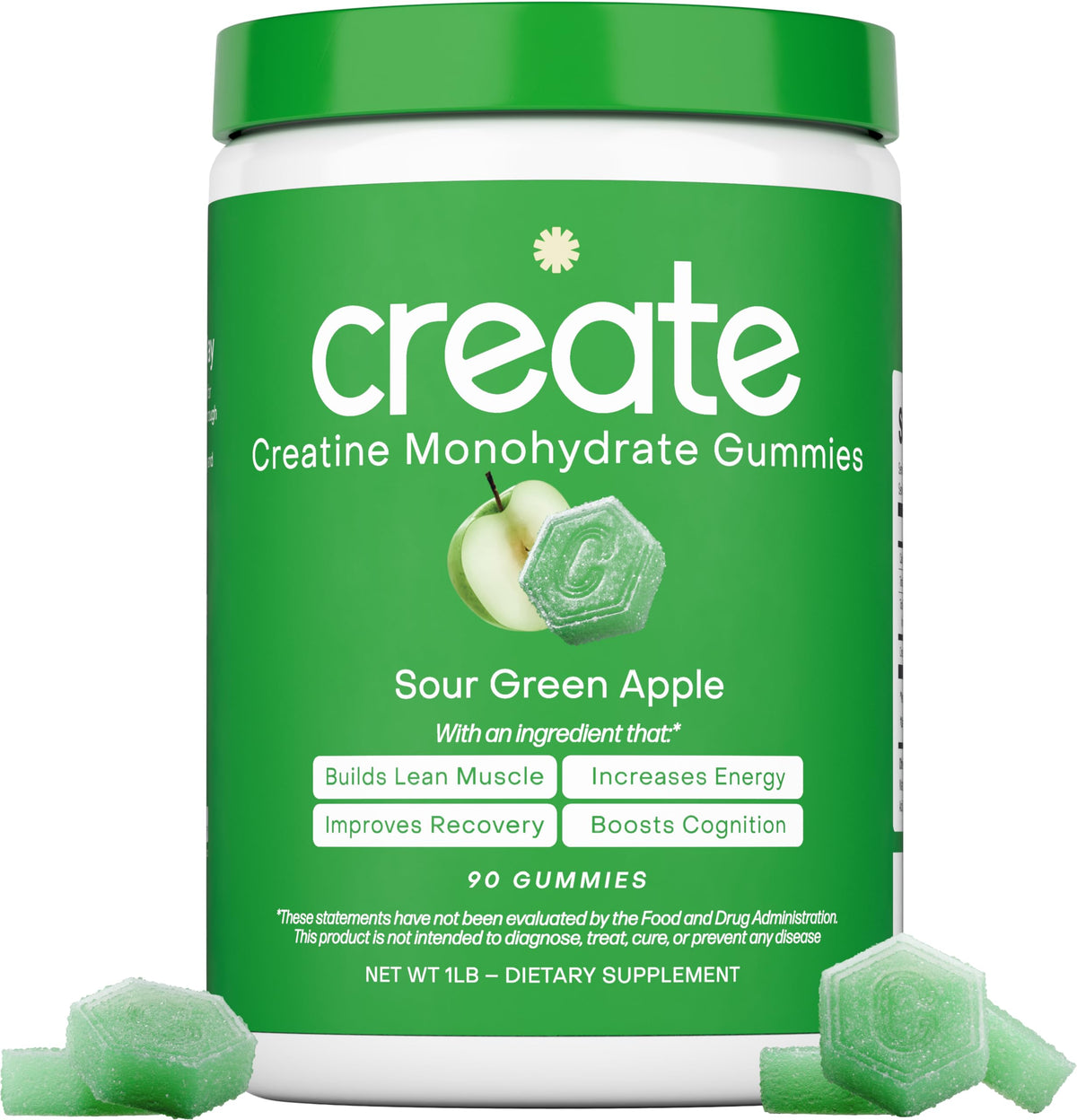 Create Creatine gummies package front shows sour green apple flavor for on-the-go support