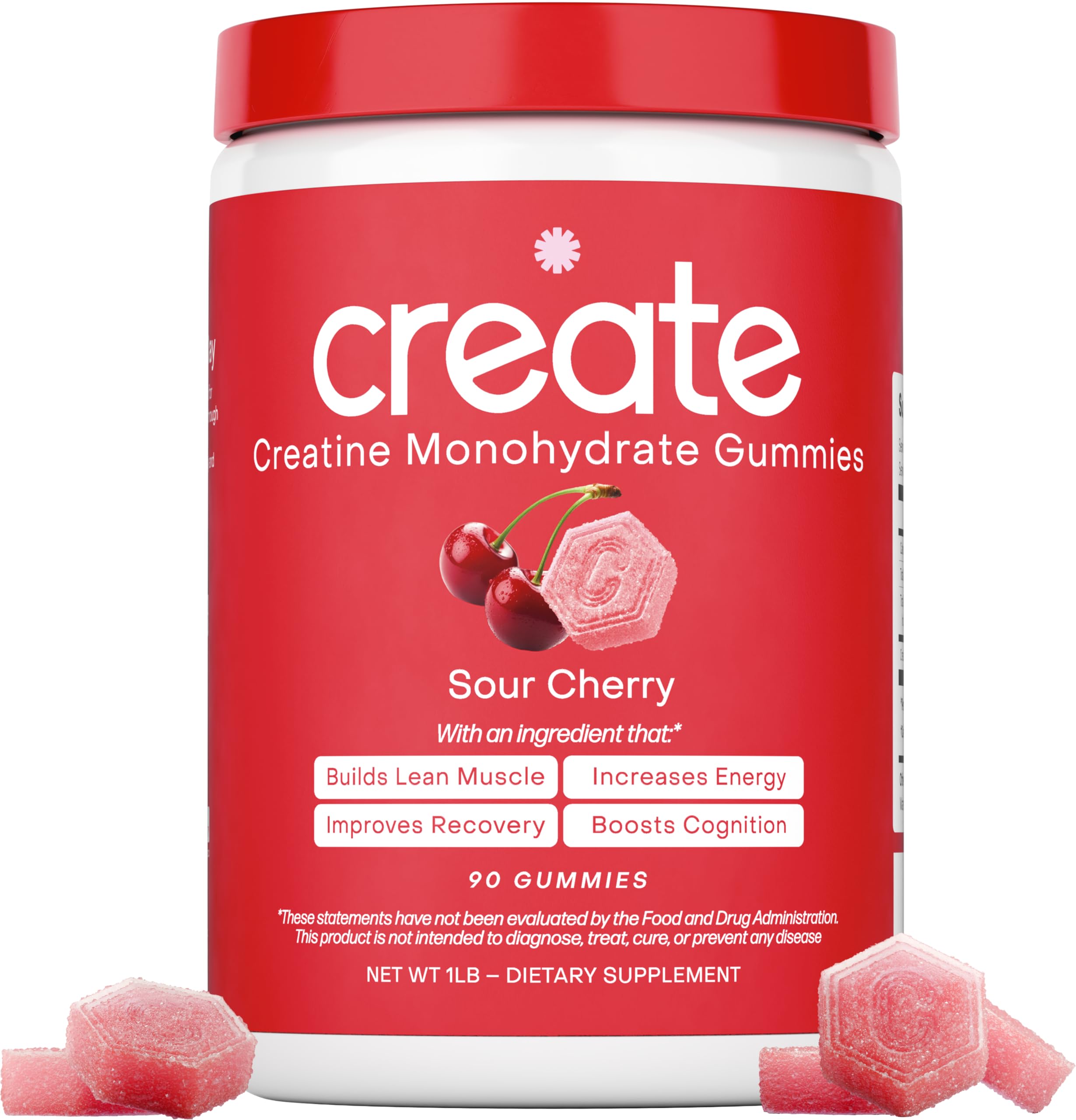 Create Creatine Monohydrate Gummies bottle with sour cherry flavor for on-the-go strength support