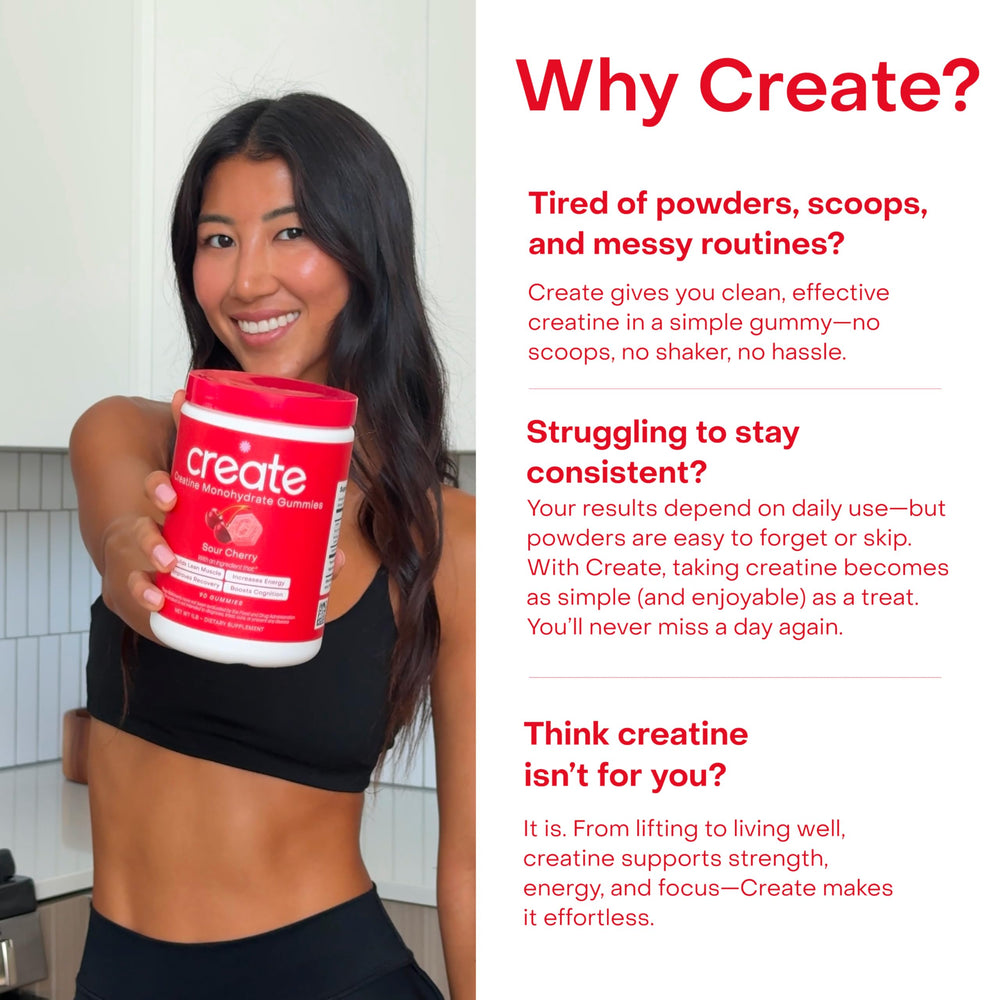 Label highlights vegan, Non-GMO, and gluten-free features on Create Gummies