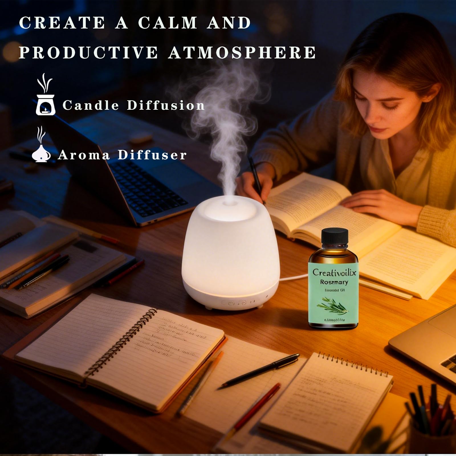 Creativoilix rosemary oil diffuser drops for uplifting aromatherapy sessions and focus.