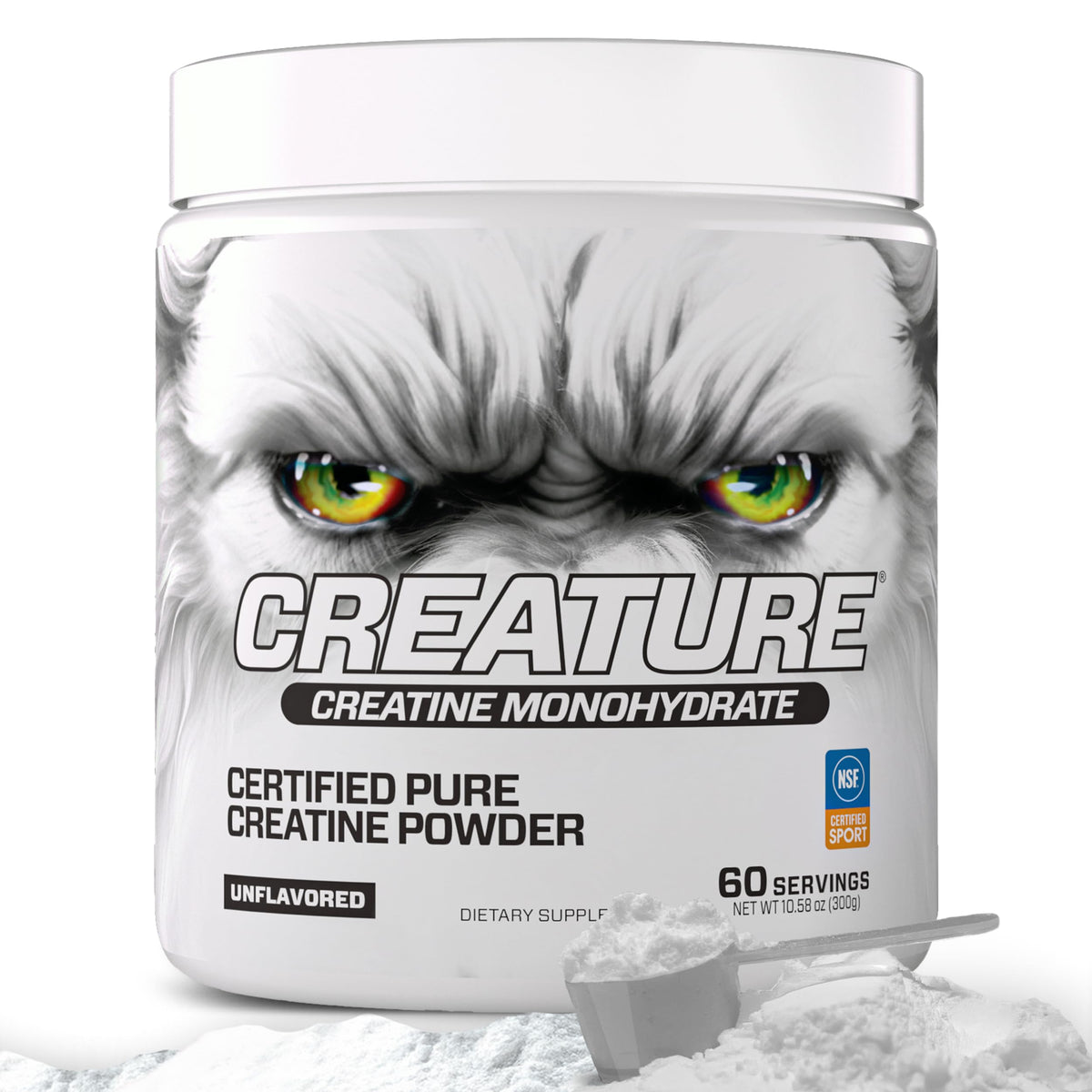 CREATURE Creatine Monohydrate bottle closeup for clean performance support.