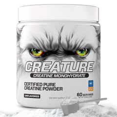 CREATURE Creatine Monohydrate bottle closeup for clean performance support.