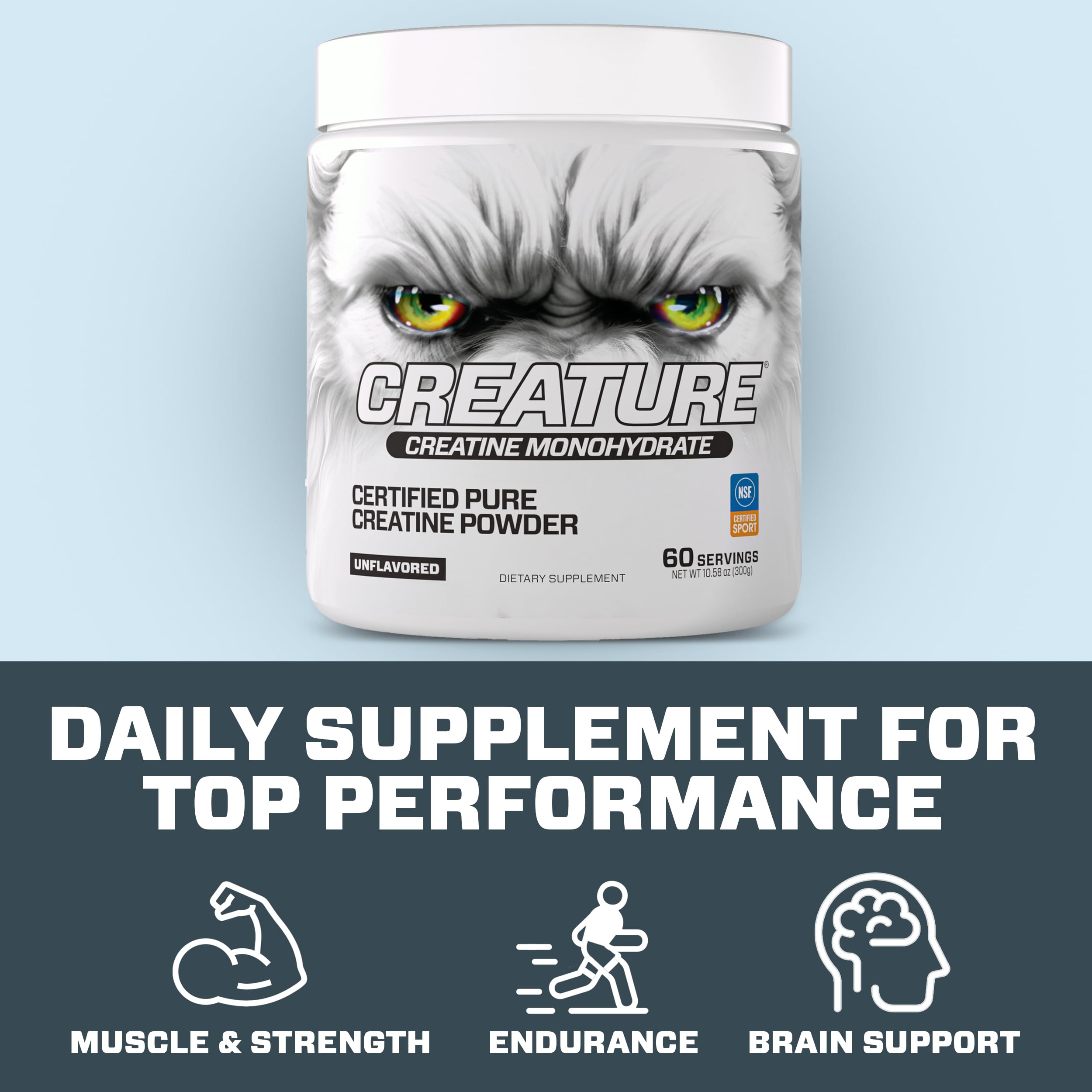 CREATURE Creatine Monohydrate stacks with BCAAs for training support.