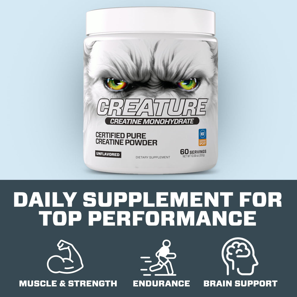 CREATURE Creatine Monohydrate stacks with BCAAs for training support.