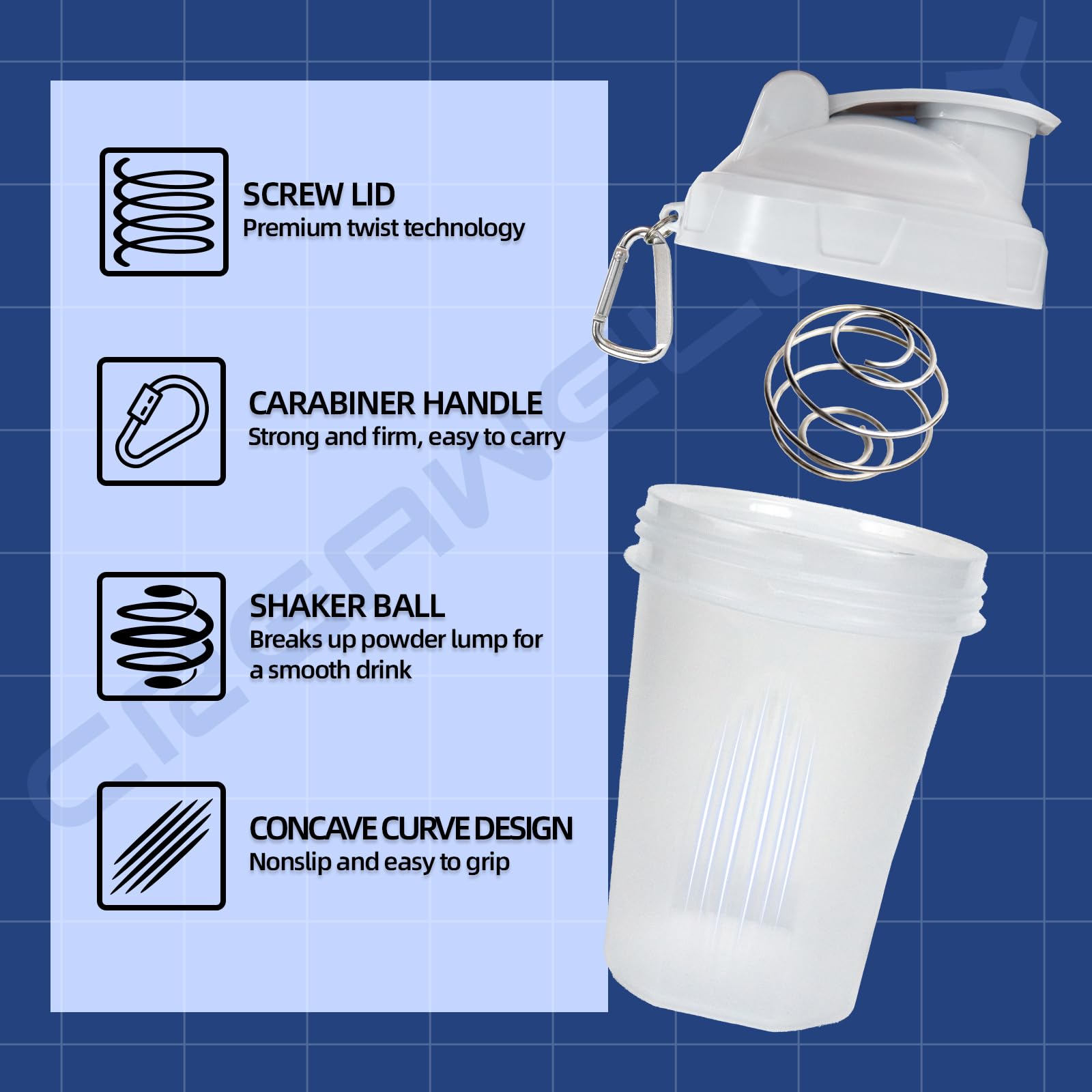 CREAWELLAY shaker bottle lid demonstrates leak-proof screw design