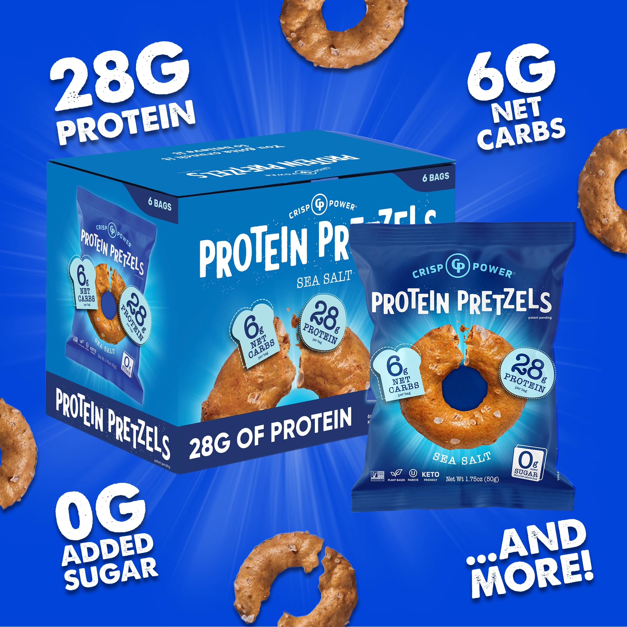CRISP POWER pretzels nutrition panel highlighting 28g protein