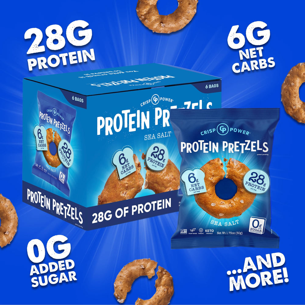 CRISP POWER pretzels nutrition panel highlighting 28g protein