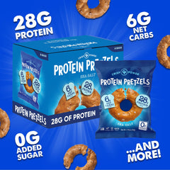 CRISP POWER pretzels nutrition panel highlighting 28g protein