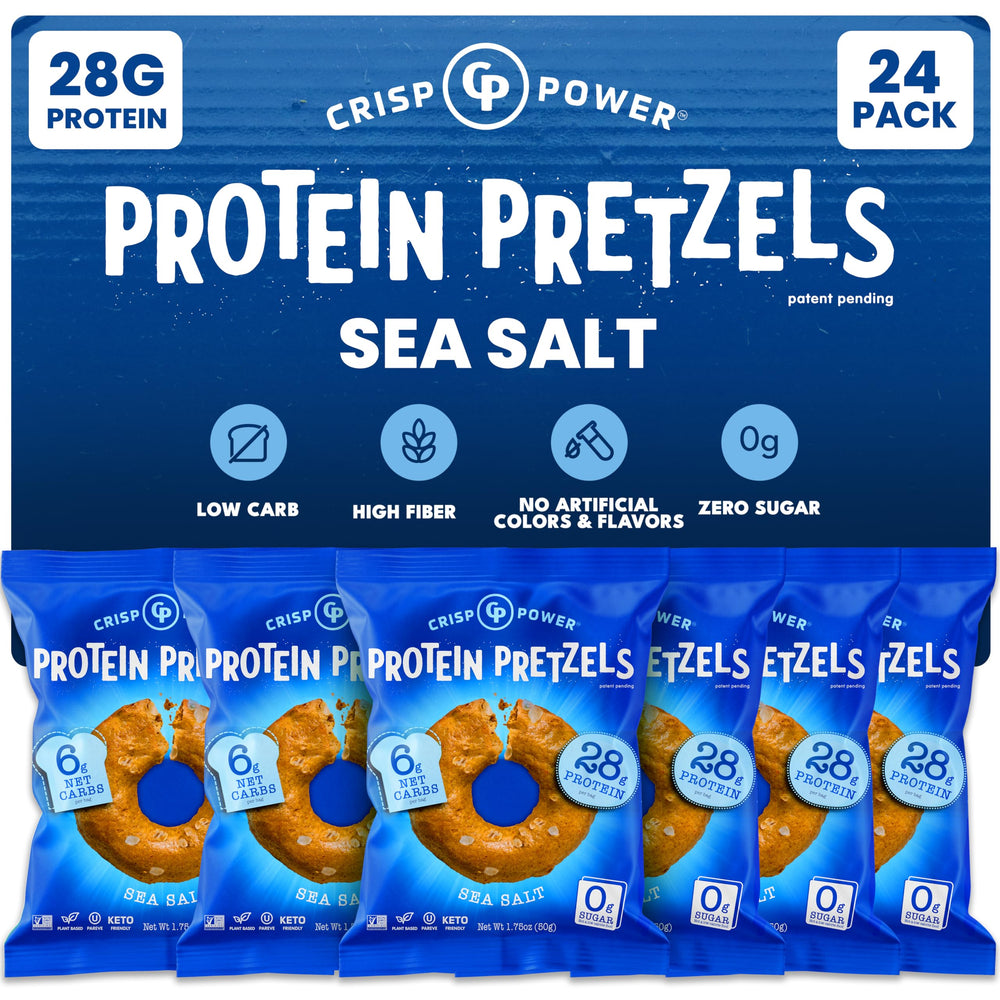 Crisp Power Sea Salt Protein Pretzels front-pack for on-the-go protein snacking.