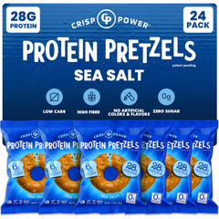 Crisp Power Sea Salt Protein Pretzels front-pack for on-the-go protein snacking.
