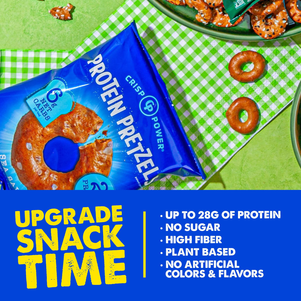 Crisp Power Sea Salt Pretzels paired with a drink for a convenient snack.
