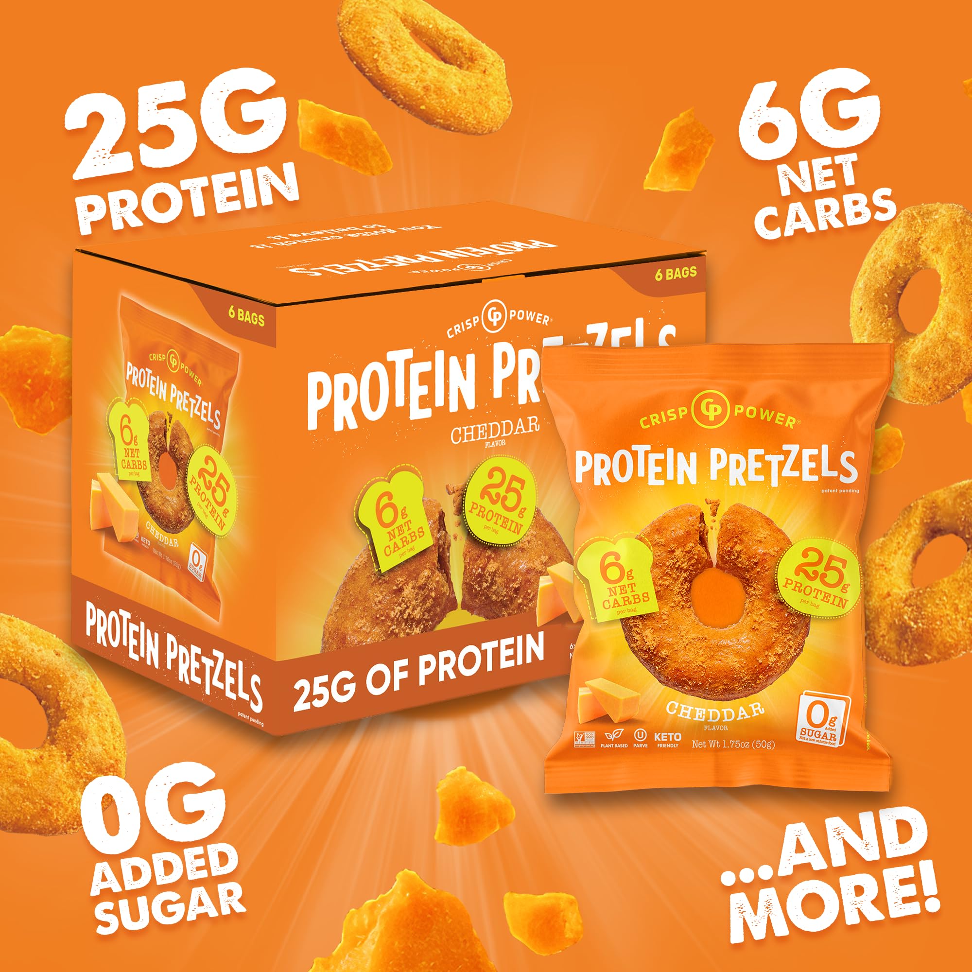 Crisp Power Protein Pretzels cheddar flavor bag shown on a desk for quick protein.