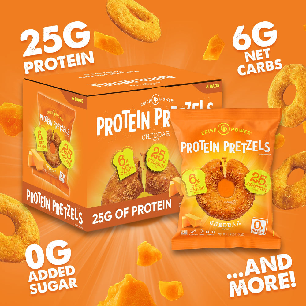 Crisp Power Protein Pretzels cheddar flavor bag shown on a desk for quick protein.