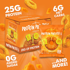 Crisp Power Protein Pretzels cheddar flavor bag shown on a desk for quick protein.