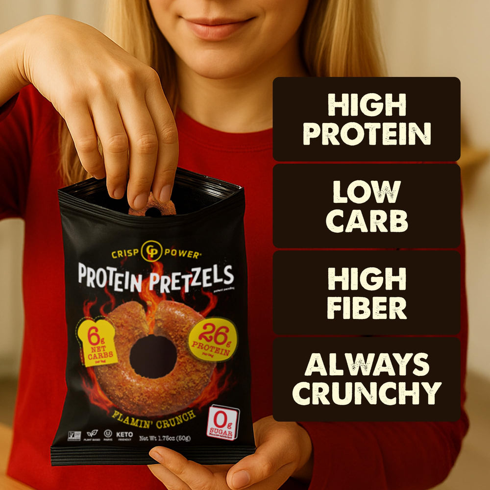 CRISP POWER Protein Pretzels close-up displays crisp texture, non-greasy finger feel.