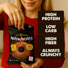 CRISP POWER Protein Pretzels close-up displays crisp texture, non-greasy finger feel.