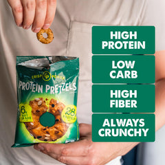 CRISP POWER protein pretzels crunch closeup emphasizes ultra-crunch texture.