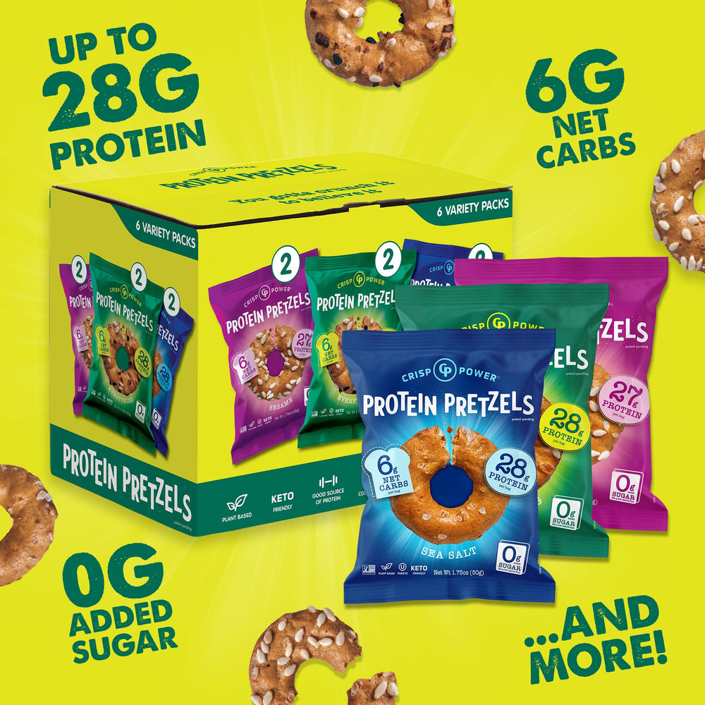 CRISP POWER protein pretzels everything bag displays savory mix and fiber-friendly crunch.