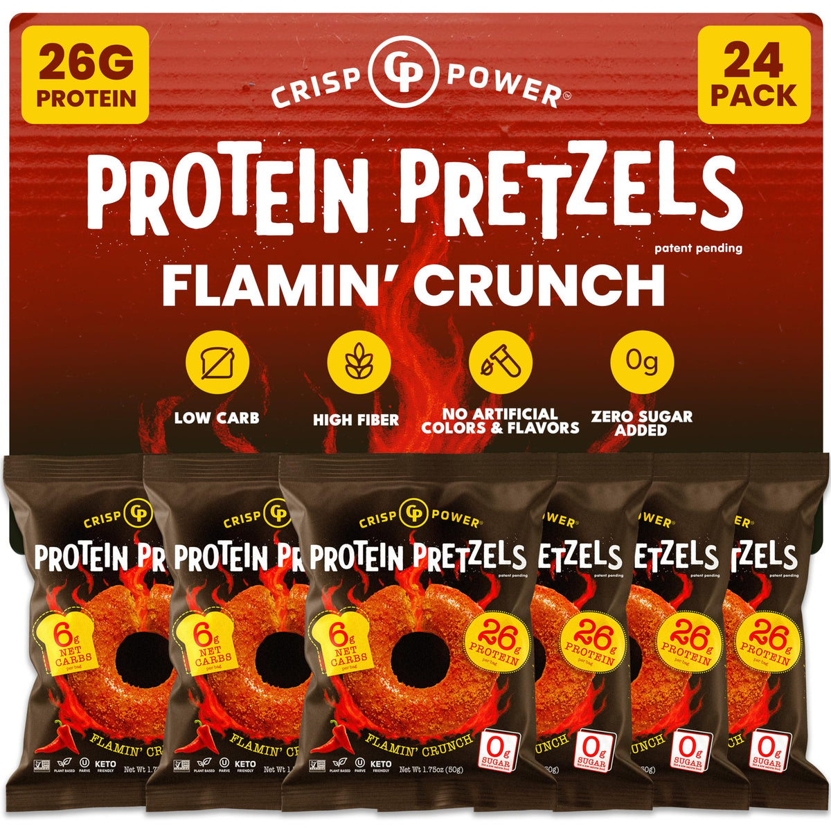 CRISP POWER Protein Pretzels front view highlights 25g protein for on-the-go energy.