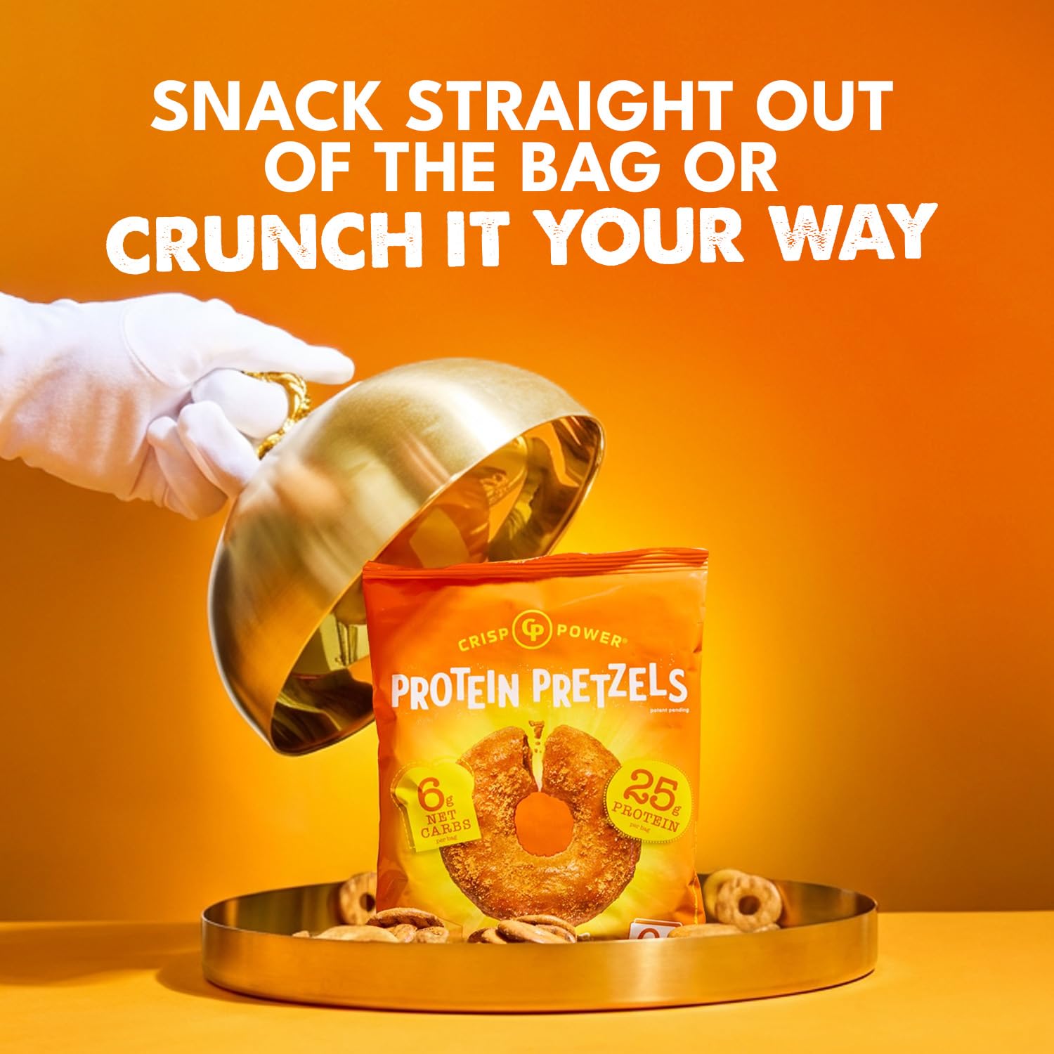 Crisp Power Protein Pretzels cheddar flavor with fiber and protein for snacking.