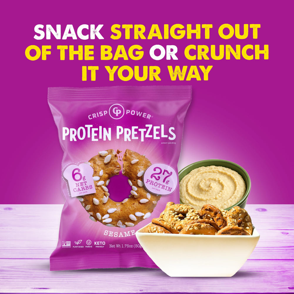 CRISP POWER protein pretzels ingredient panel close-up showing plant-based protein