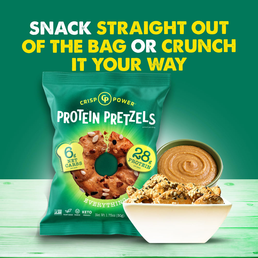 Crisp Power Protein Pretzels Low Carb with 6g net carbs per serving.