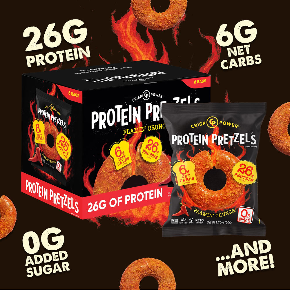 CRISP POWER Protein Pretzels package reveals low net carbs for keto-friendly snacking.