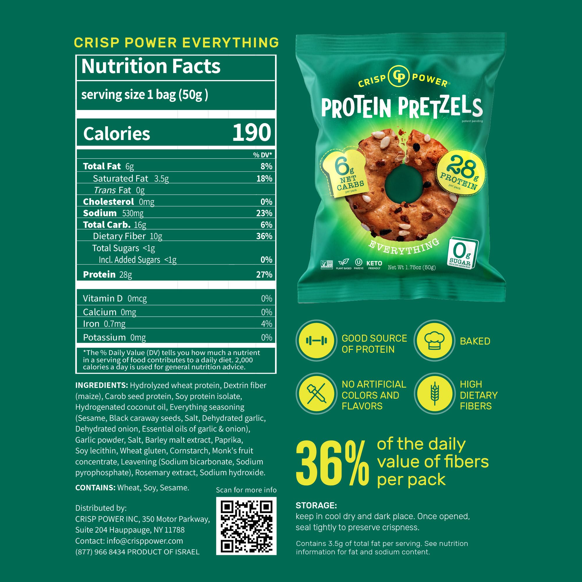 CRISP POWER protein pretzels sesame bag highlights toasted flavor and low net carbs.