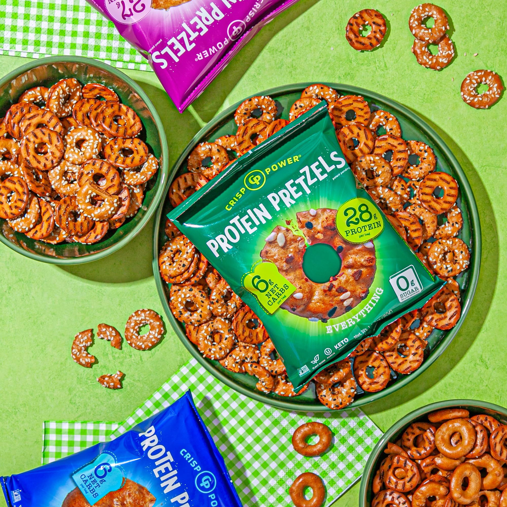 CRISP POWER protein pretzels everything bag close-up boosts energy-friendly snack