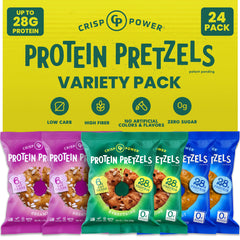 CRISP POWER protein pretzels sea salt bag showing high-protein on-the-go snack