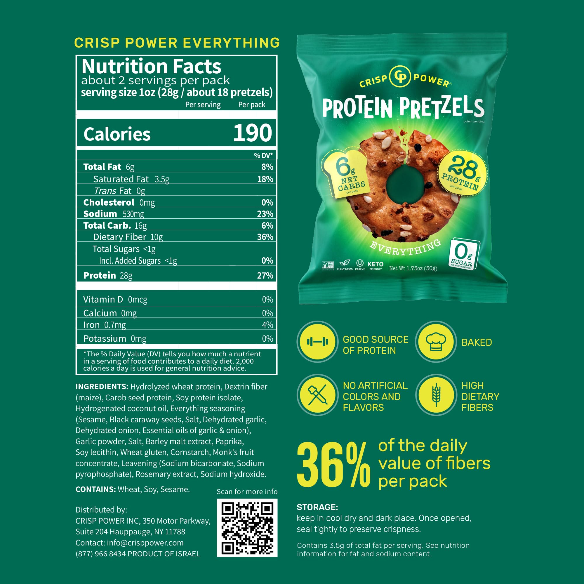 CRISP POWER protein pretzels sesame bag savory high-protein crunch