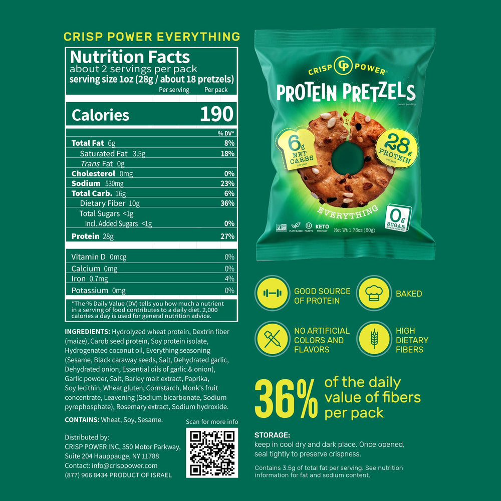 CRISP POWER protein pretzels sesame bag savory high-protein crunch