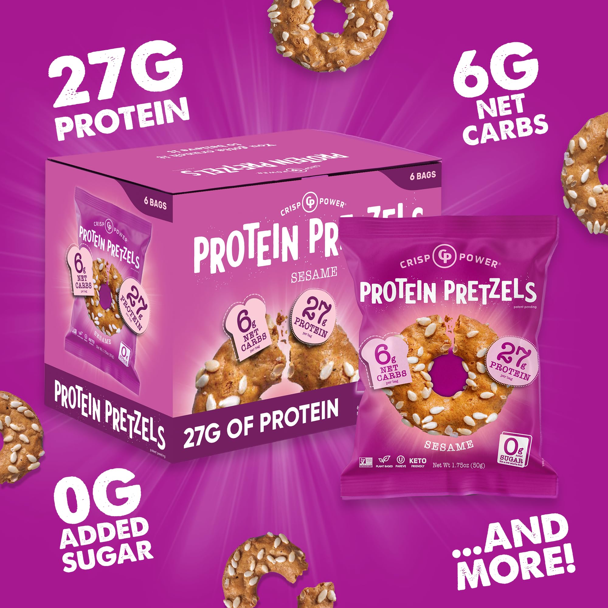 CRISP POWER Sesame Protein Pretzels 1.75 oz bag, ideal for on-the-go snacking.