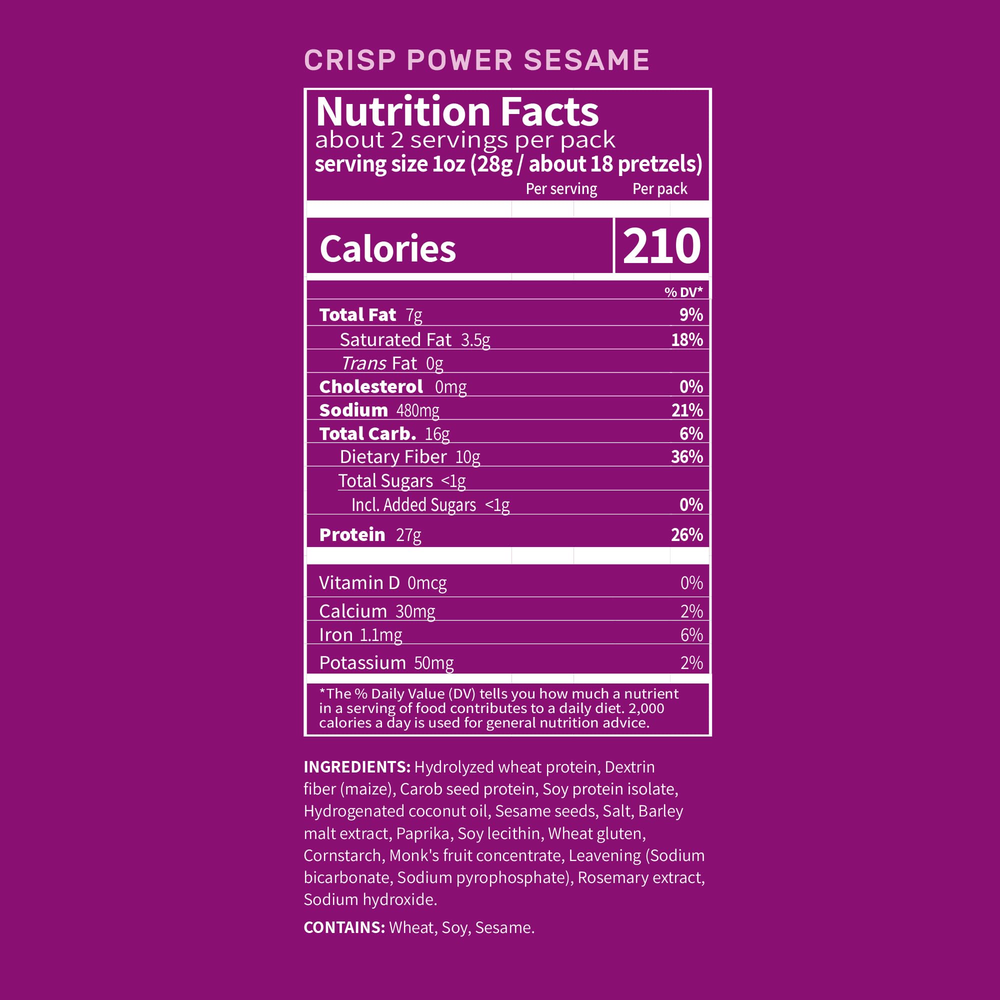 CRISP POWER Sesame Protein Pretzels close-up of the crunchy texture and sesame seeds.