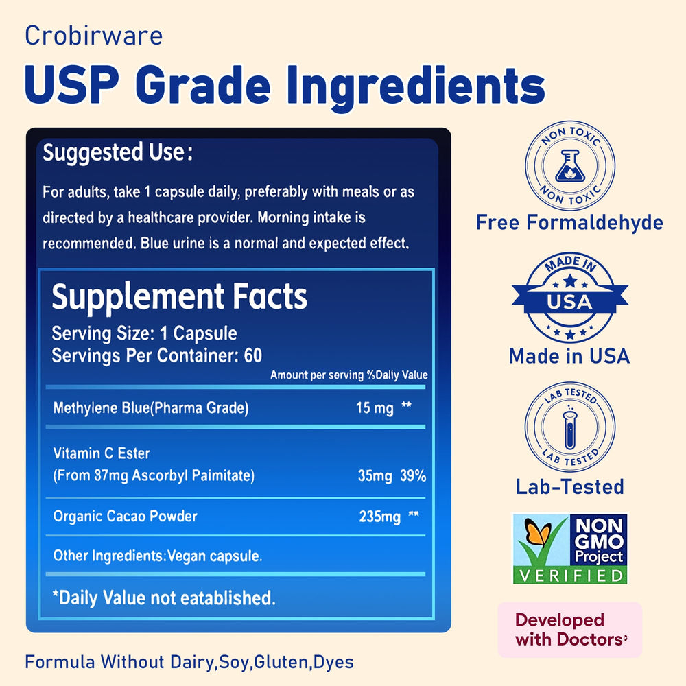 Crobirware Methylene Blue Capsules – 99.99% Pure USP-Grade, Cognitive ...