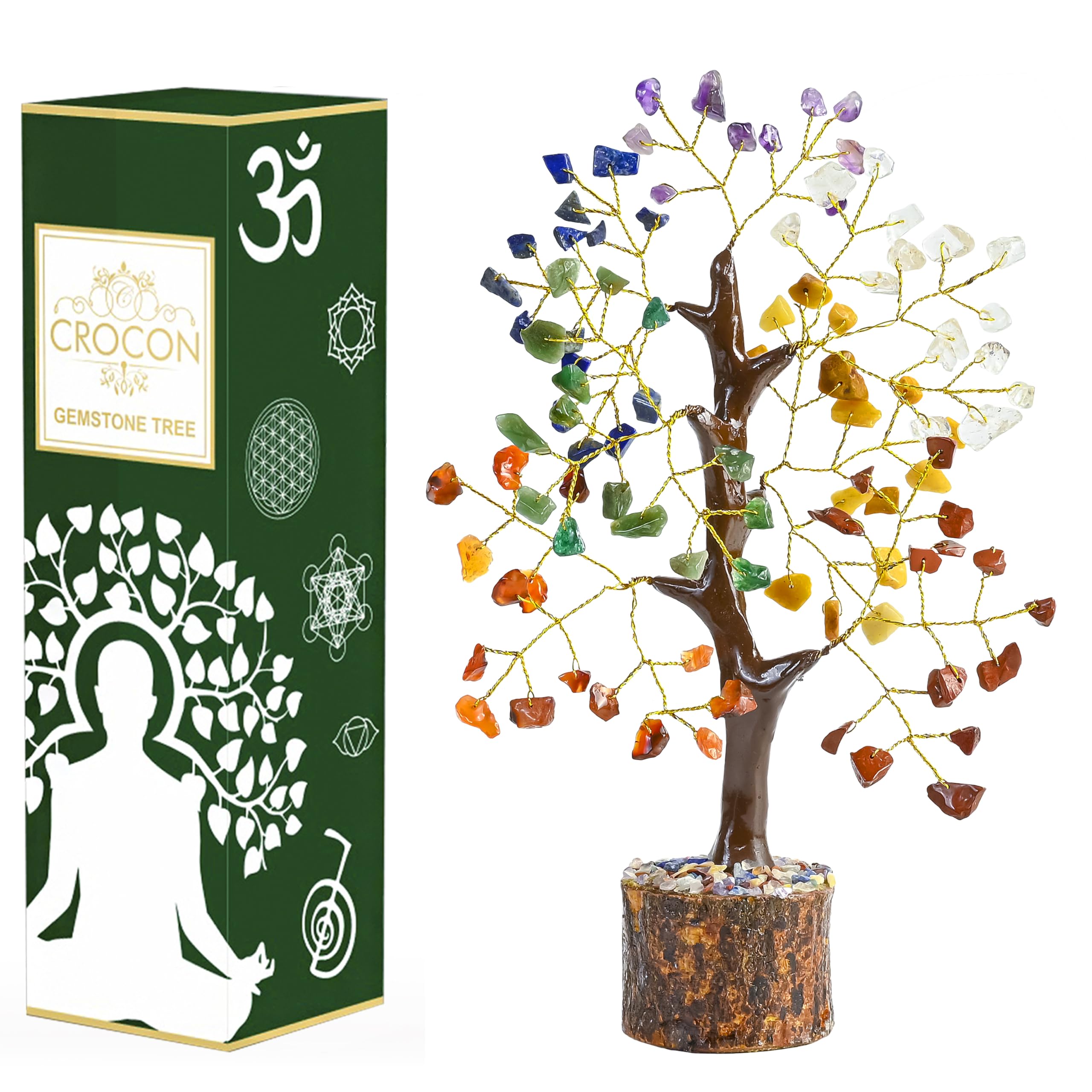 Crocon 7 Chakra Crystal Tree on wooden base boosts calm in living spaces.