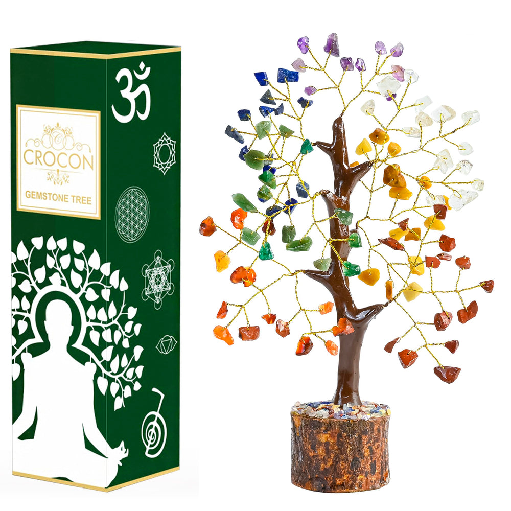 Crocon 7 Chakra Crystal Tree on wooden base boosts calm in living spaces.