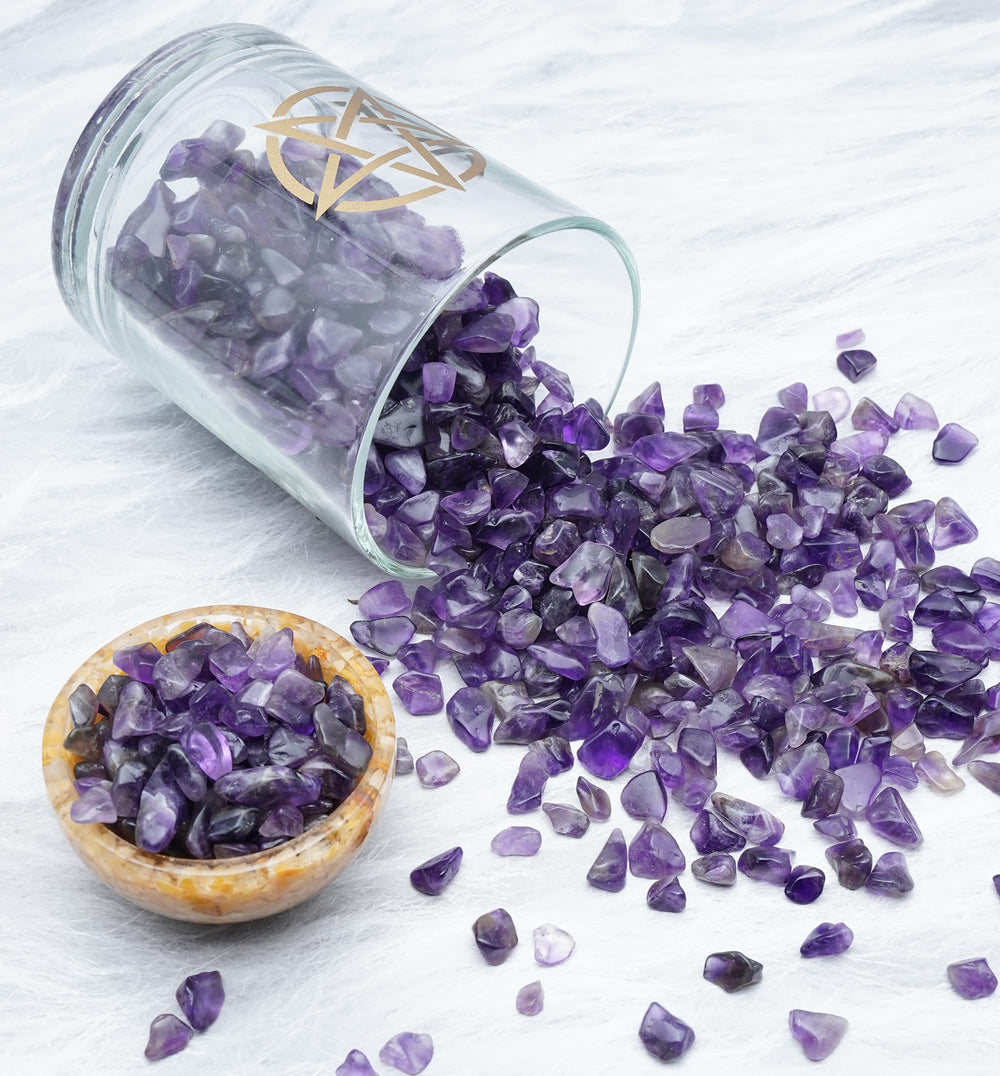 Crocon amethyst chips bulk collection spread for creative displays.