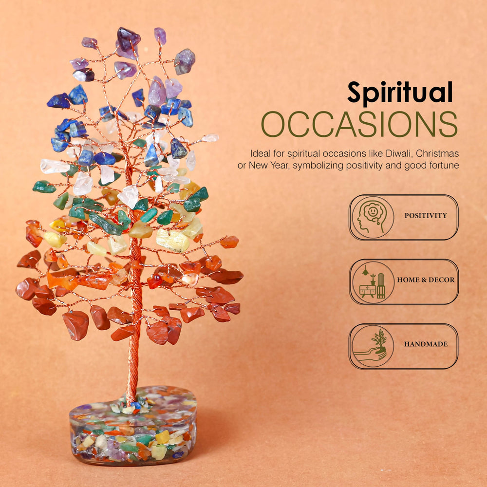 Crocon seven chakra tree closeup shows copper wire heart base and beads