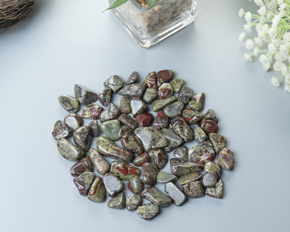 Crocon Dragon Bloodstone stones arranged in vase for decorative display