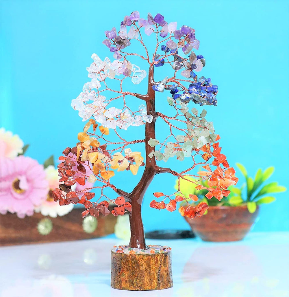Crocon gemstone tree close-up showing seven chakra stones and craftsmanship.