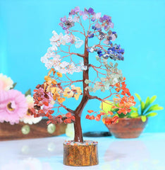 Crocon gemstone tree close-up showing seven chakra stones and craftsmanship.
