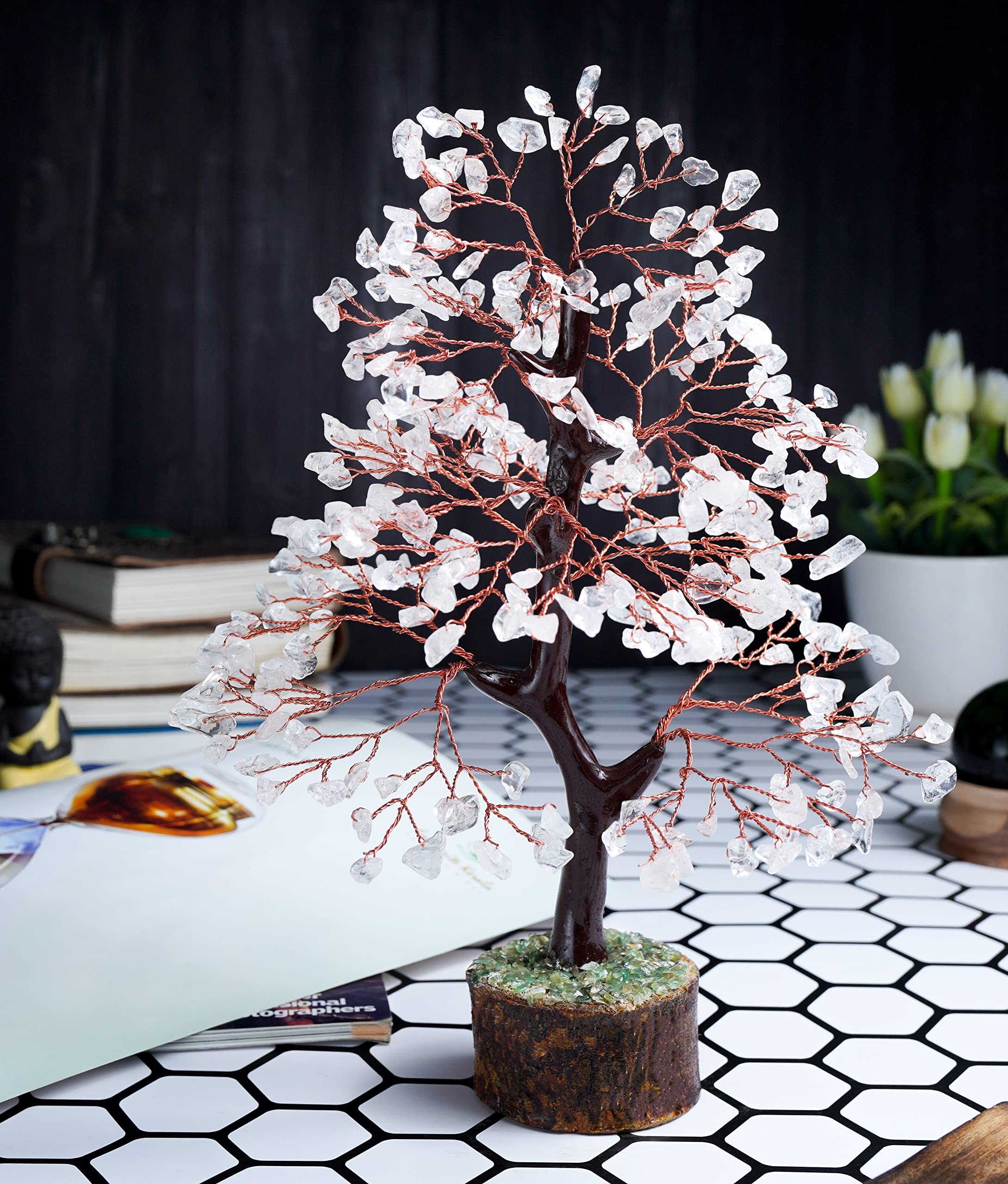 Crocon Gemstone Tree in living room adds tranquil decor and positive ambience.