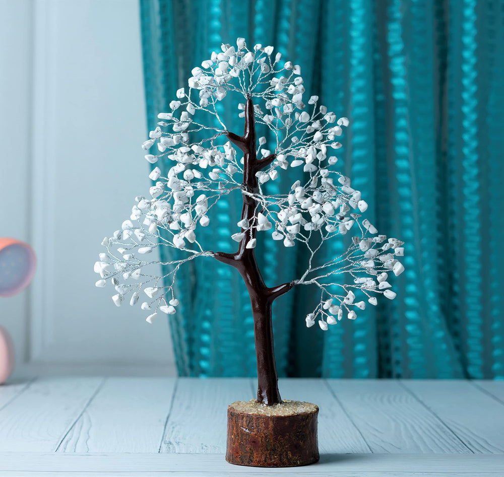 Crocon Howlite gemstone tree close-up showing calming vibration for spaces.