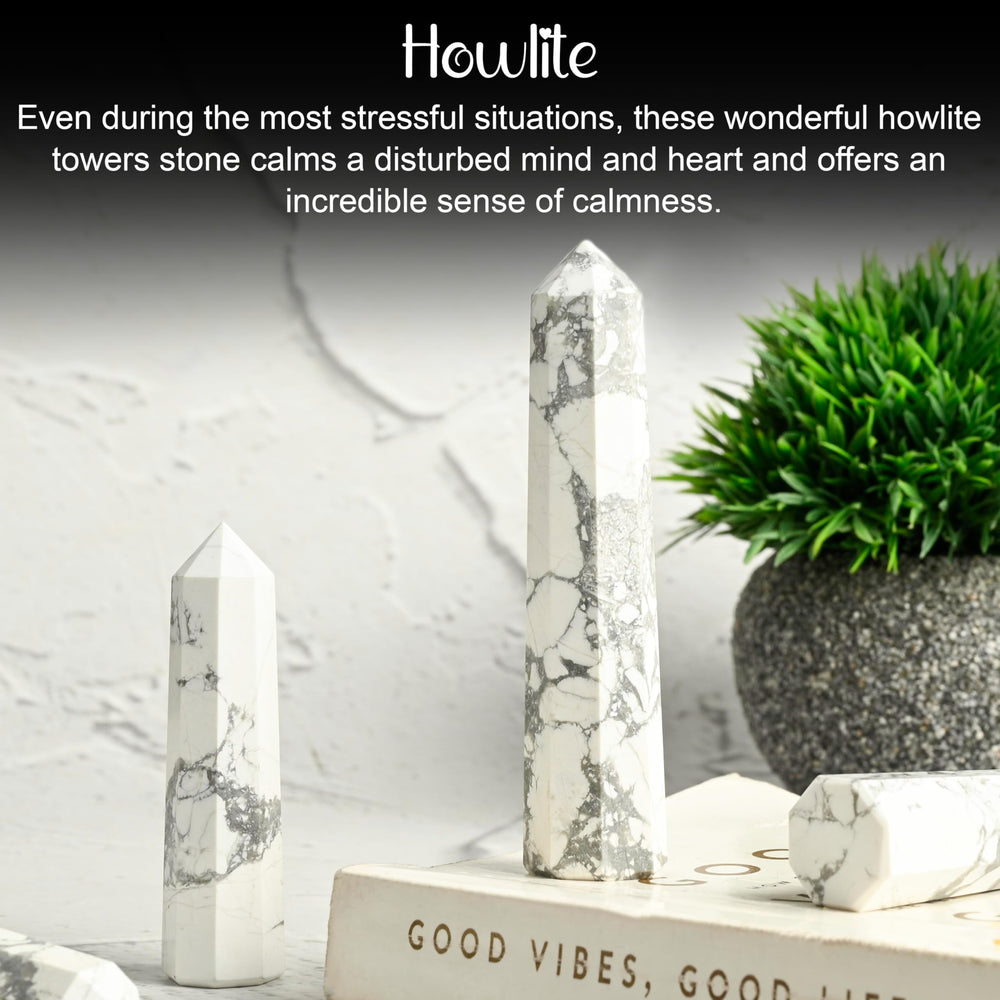 Crocon Howlite tower wand in pouch with crystal guide for gifting and exploration.