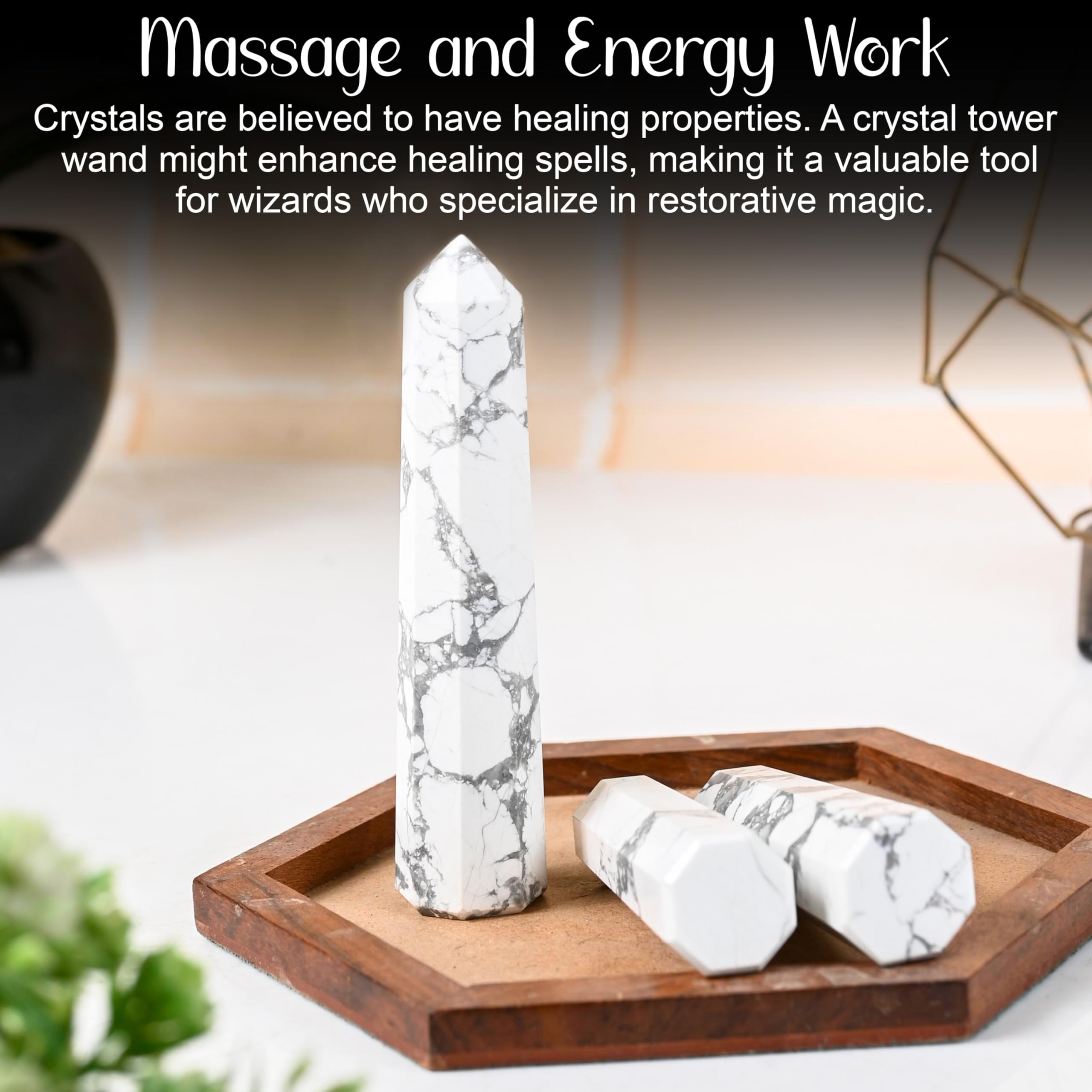 Crocon Howlite wand used for meditation and chakra balance in serene spaces.