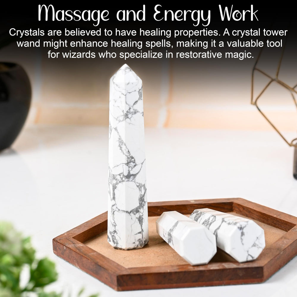 Crocon Howlite wand used for meditation and chakra balance in serene spaces.