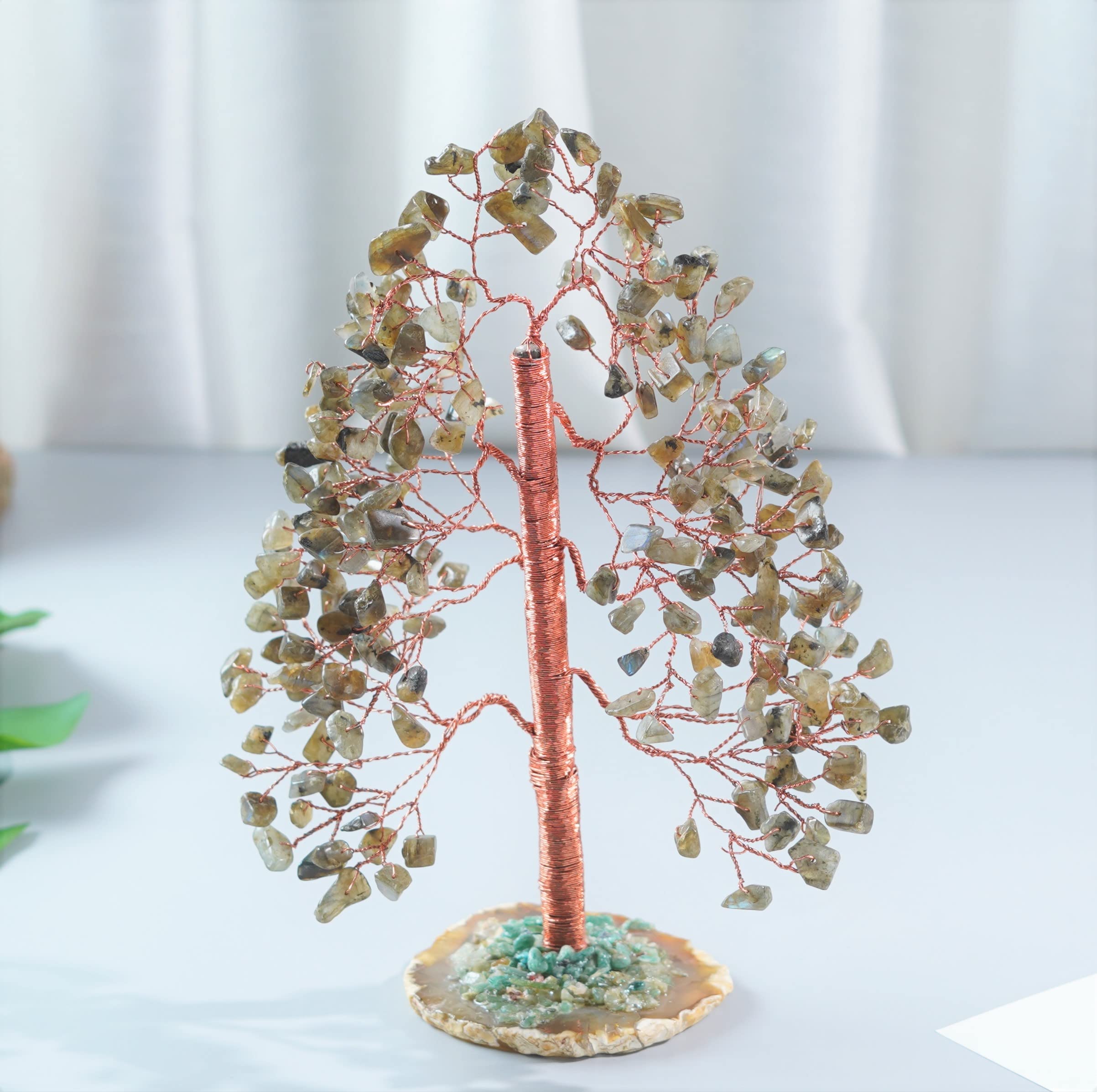 Crocon Labradorite gemstone tree with geode base promotes focus and calm ambiance.