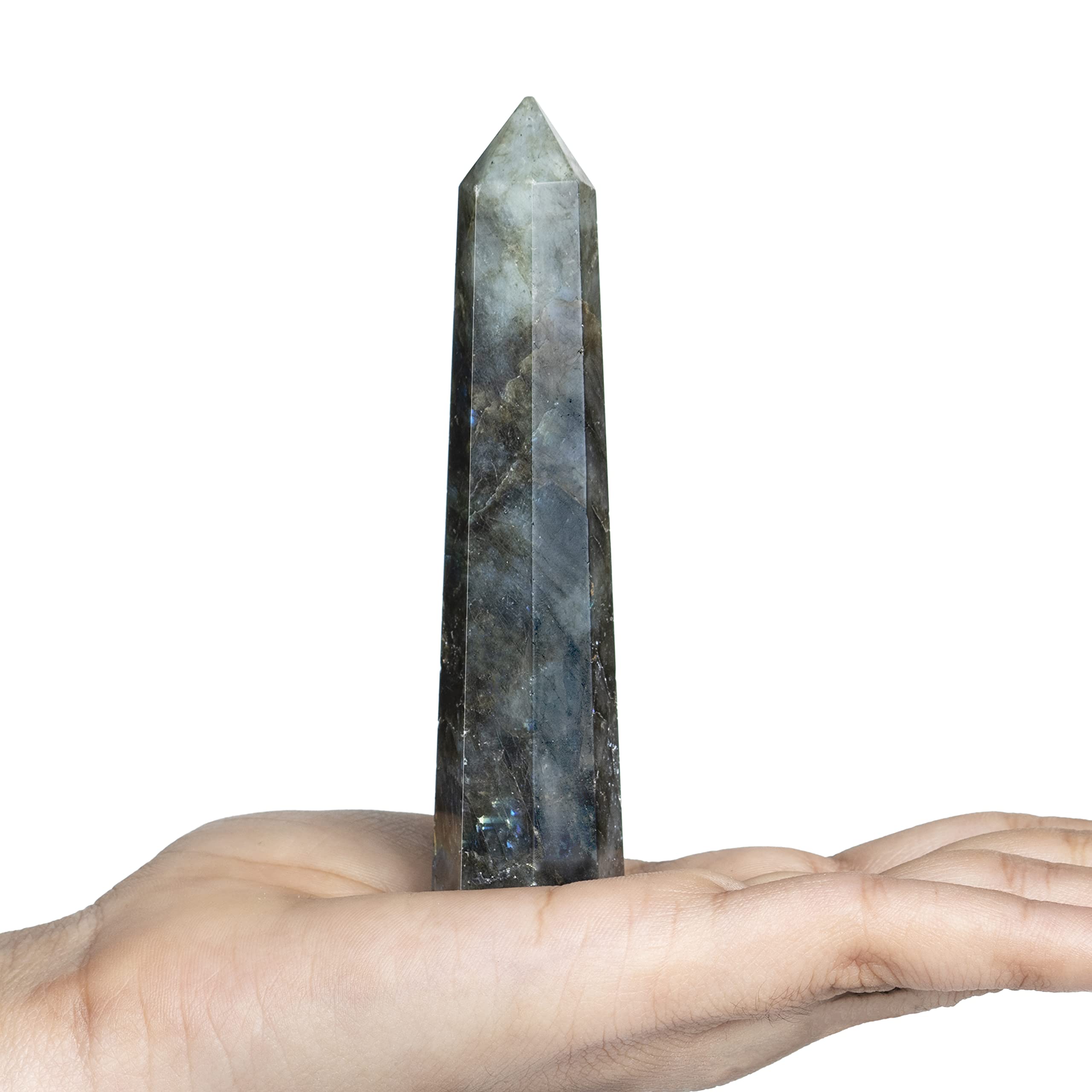 Crocon Labradorite tower wand closeup shows octagon facets for meditation